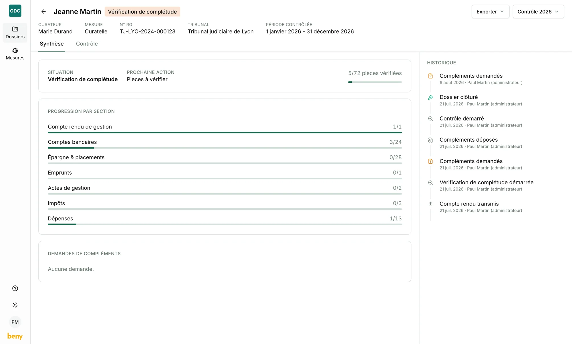 Interface de contrôle Beny : synthèse d'un dossier et progression par section